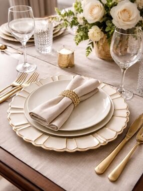 Pier 1 Set of 6 Ivory Gold Scalloped Charger Plates Elegant Table Decor Wedding